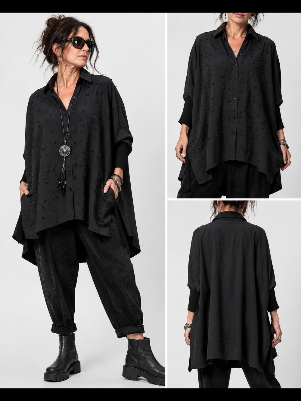 Madonna & Co Black Beaded Oversized High Low Tunic Shirt L XL Lagenlook